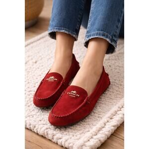 Coach Amber Driver Loafer Red Suede | Size 7B / 37 | Gold Logo Moccasin Flats